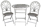 Antique grey round garden chair with ornate back detailing, perfect for stylish outdoor dining and relaxation.