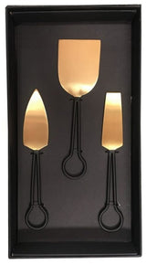 Marvel 3 Piece Cheese Set featuring gold stainless steel knives with black handles, perfect for stylish cheese serving.