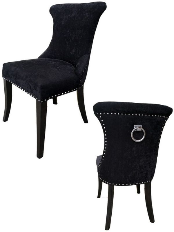 Elegant black chenille dining chair with stainless steel accents, offering comfort and style for any dining room.