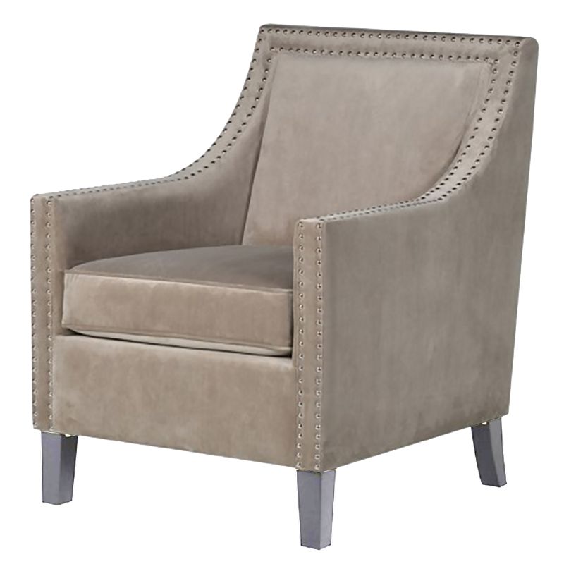 Light grey velvet Port Royal armchair featuring studded detailing and a solid timber frame, perfect for modern interiors.