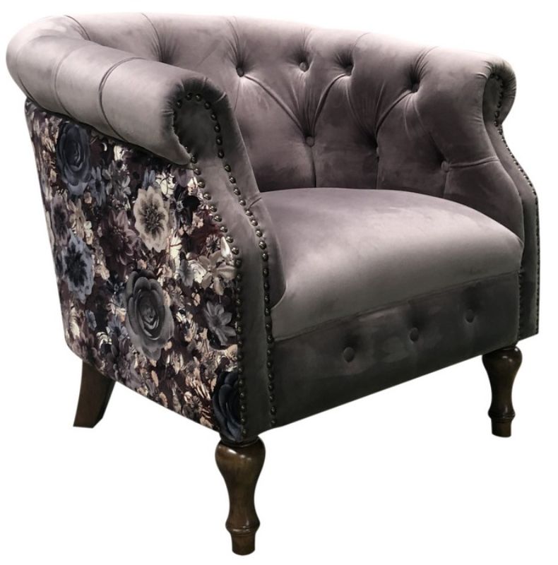 ABBEY CHAIR - GREY VELVET WITH FLORAL SIDES & BACK