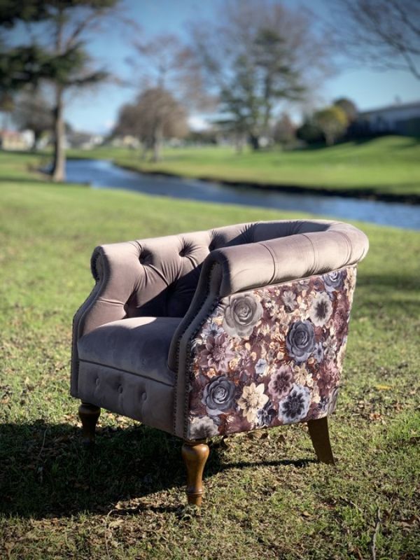 ABBEY CHAIR - GREY VELVET WITH FLORAL SIDES & BACK