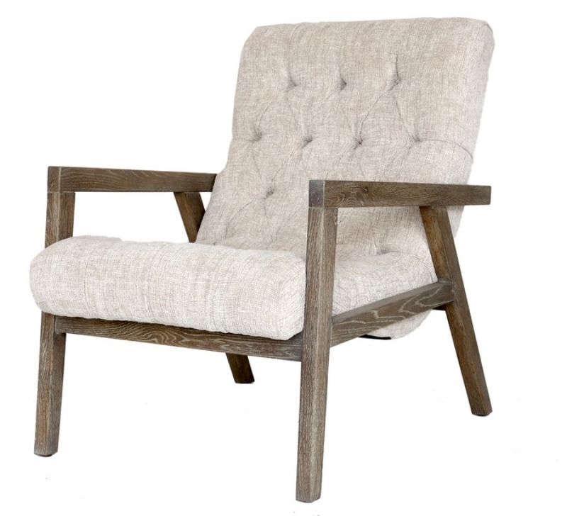 Vintage-inspired Bakersfield Armchair in natural finish with linen upholstery, button-backed design, ideal for cozy living spaces.