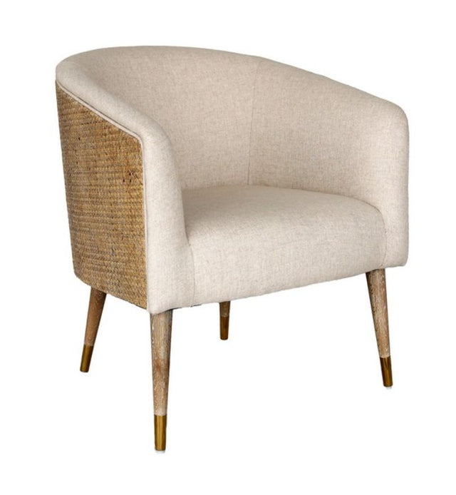 Havana Armchair featuring a solid timber frame, natural rattan back, and soft linen upholstery for stylish comfort.