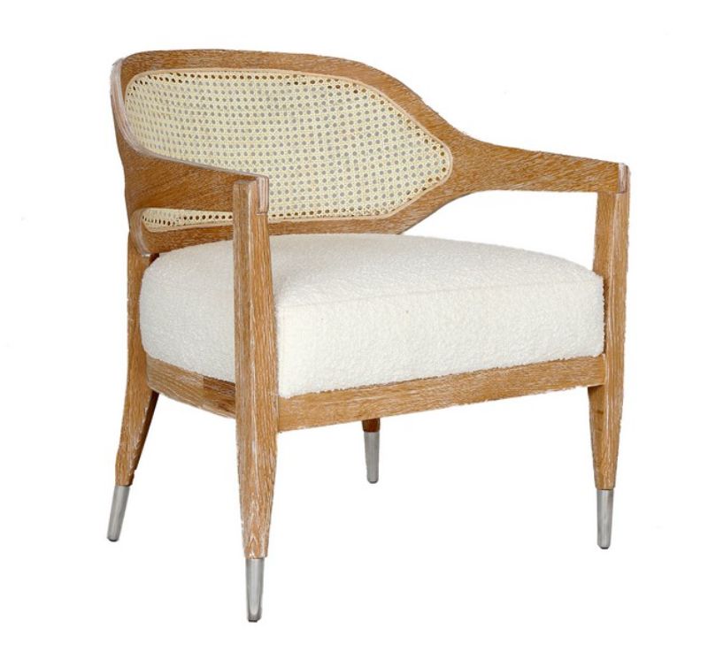 Elegant Franklin Armchair in natural linen with rattan back, plush foam filling, and sturdy oak frame for stylish comfort.