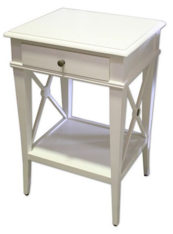 Elegant white poplar bedside table with one drawer, ideal for adding country chic to your bedroom decor.