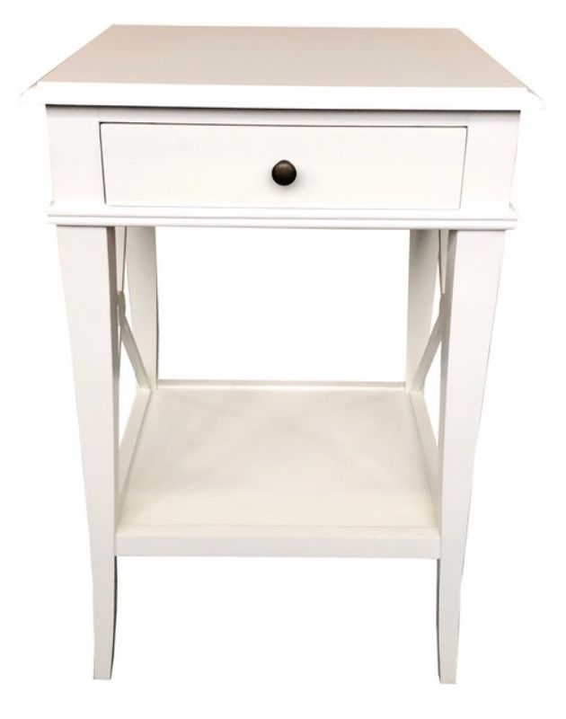 Elegant white poplar bedside table with one drawer, perfect for adding country chic style to any contemporary bedroom.