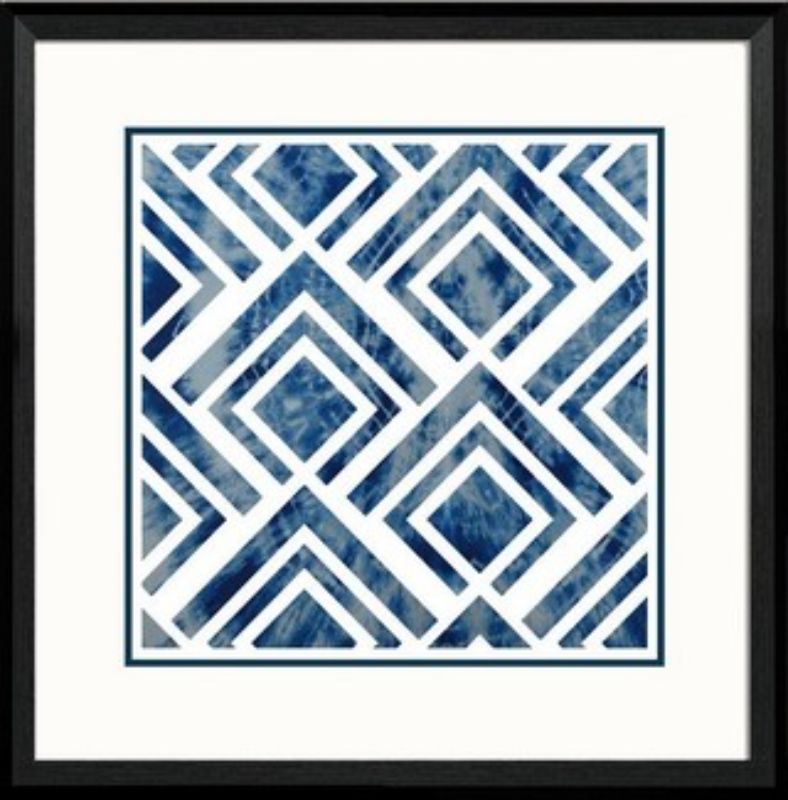 Framed geometric blue print art measuring 45 x 45cm, perfect for modern decor and easy to hang with protective glass.