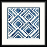 Framed geometric blue print art measuring 45 x 45cm, perfect for modern decor and easy to hang with protective glass.