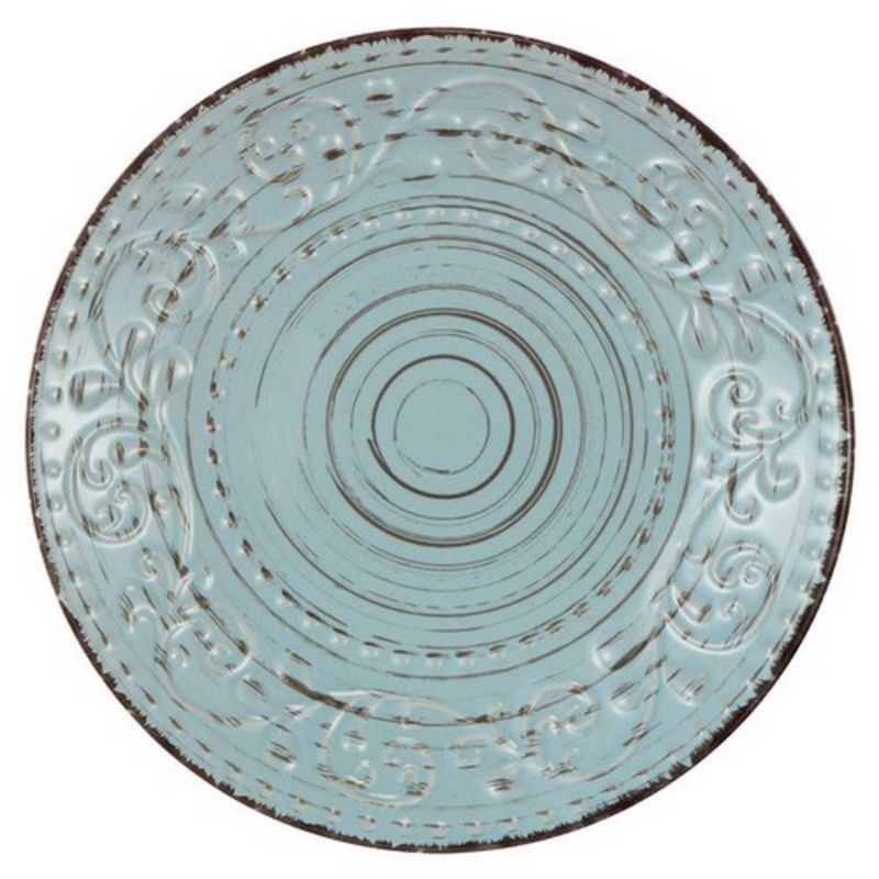 Rustic Fare Dinner Plate in Duck Egg, 28cm; features swirling pattern, delicate beading, and antiqued turquoise finish.