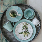 Rustic Fare dinner plate in Duck Egg, 28cm, features swirling patterns, beaded edges, and a durable stoneware finish.