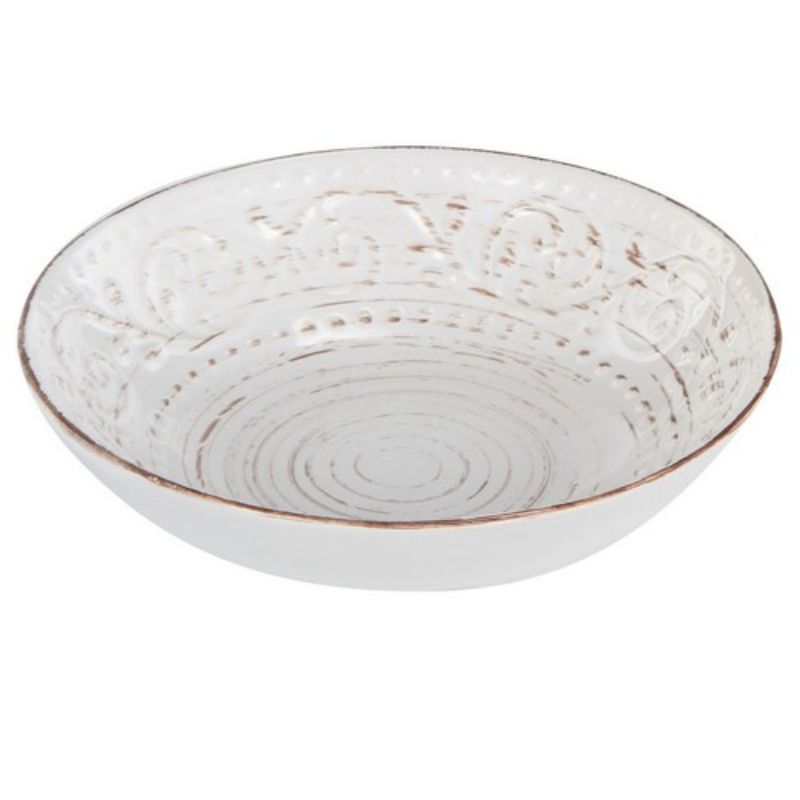 20cm Rustic Fare Bowl in Cream with antiqued white finish, swirling pattern, ideal for serving salads or pasta.