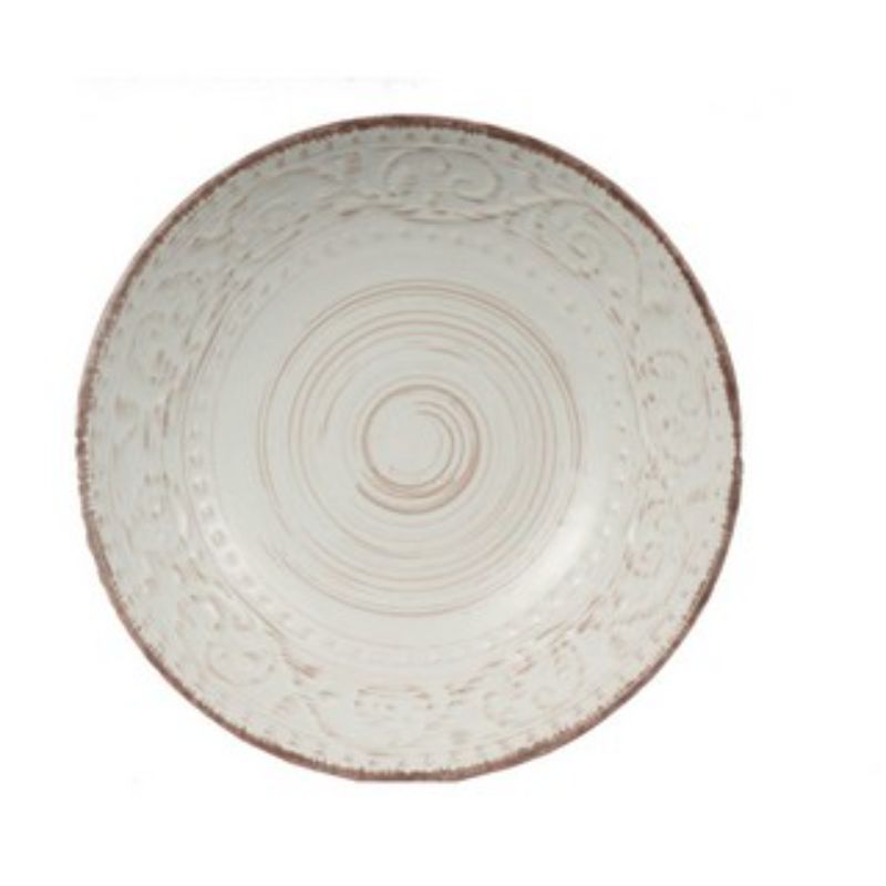 Rustic 20cm cream bowl with swirling pattern and beading, perfect for serving salads and side dishes, microwave and dishwasher safe.