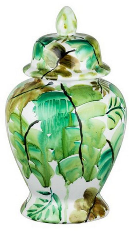 Vibrant Green Leaves Ceramic Jar with Lid, perfect for storage or as a vase, adds style and nature's beauty to your decor.