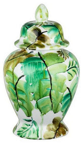 Vibrant Green Leaves Ceramic Jar with Lid, perfect for storage or as a vase, adds style and nature's beauty to your decor.