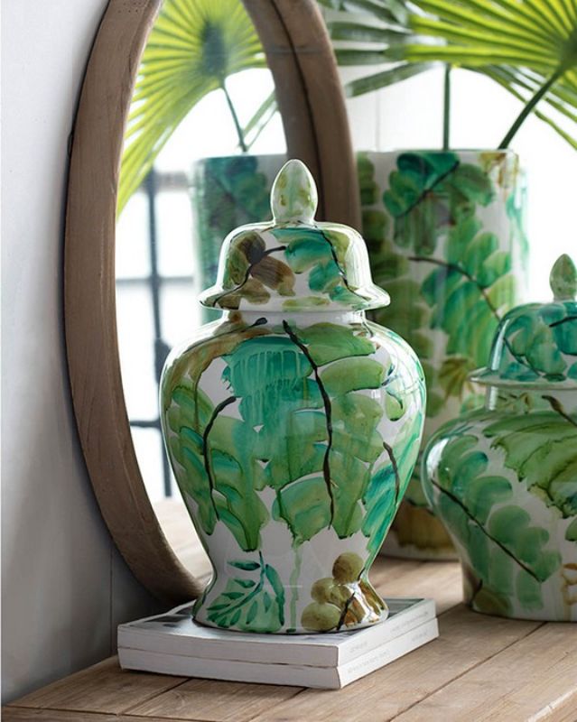 Green Leaves Ceramic Jar with Lid featuring tropical watercolor leaf design, perfect for storing snacks or as a decorative vase.