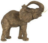 Polyresin elephant figurine, 38cm tall, symbolizes good fortune with a raised trunk, perfect for home or office decor.