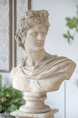 Elegant 78 cm bust statue in weathered polyresin, ideal for classical decor in indoor or outdoor settings.