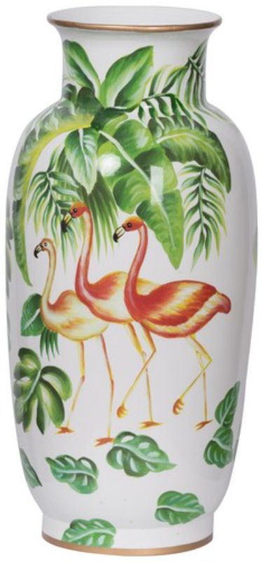 Vibrant porcelain vase featuring flamingos and lush leaves, ideal for fresh or dried flower displays in any room.