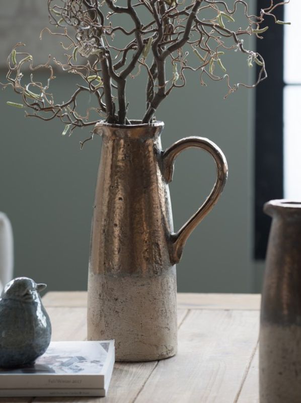 Candia Sienna Brown ceramic pitcher vase, 36.5cm tall, featuring rustic texture and semi-metallic bronze finish for chic decor.