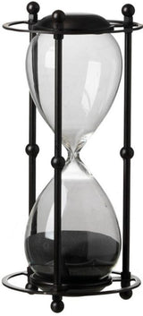 Elegant black hourglass in iron stand, measuring 15.8x15.8x33cm, perfect for adding charm to any decor.