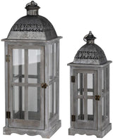 Set of 2 stylish grey-finished lanterns combining wood, metal, and glass for indoor or outdoor decor with versatile design.
