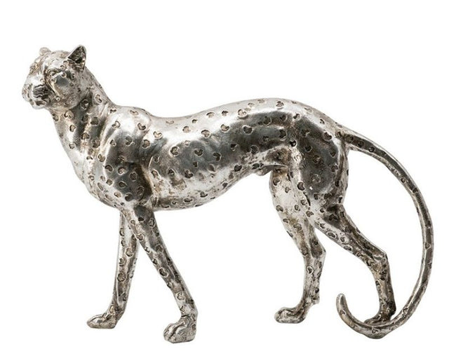 A sleek silver Standing Leopard statuette made from stone powder and resin, mimicking real marble for elegant home decor.