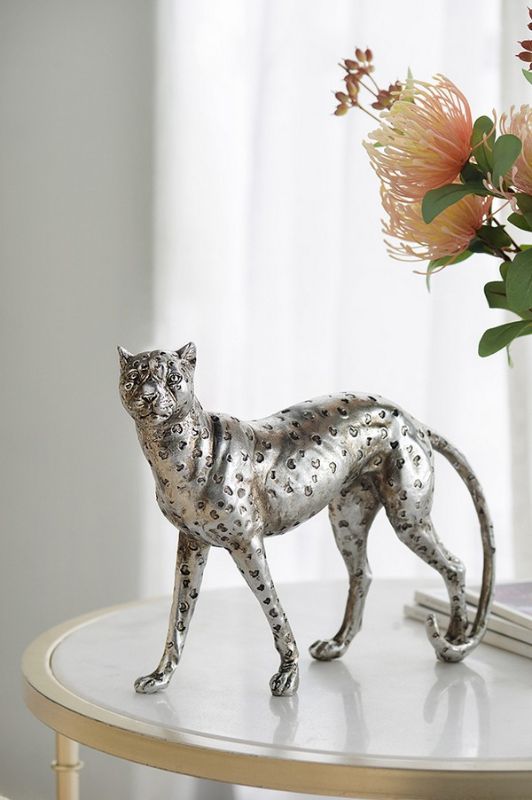 Lifelike silver Standing Leopard statuette, crafted from stone powder and resin, adds wild elegance to any décor.