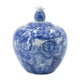 Elegant 26cm lidded jar in 100% porcelain, featuring a blue and white abstract pattern for timeless decor enhancement.