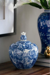 Elegant 26cm lidded jar in blue and white porcelain, perfect for enhancing decor with its timeless, artistic design.