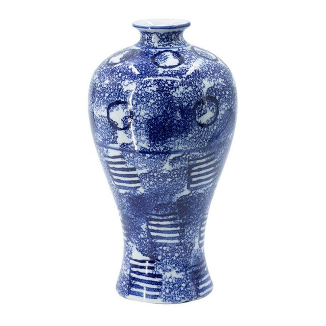 Elegant porcelain vase in blue and white with an abstract pattern, perfect for home decor and displaying fresh or dried flowers.