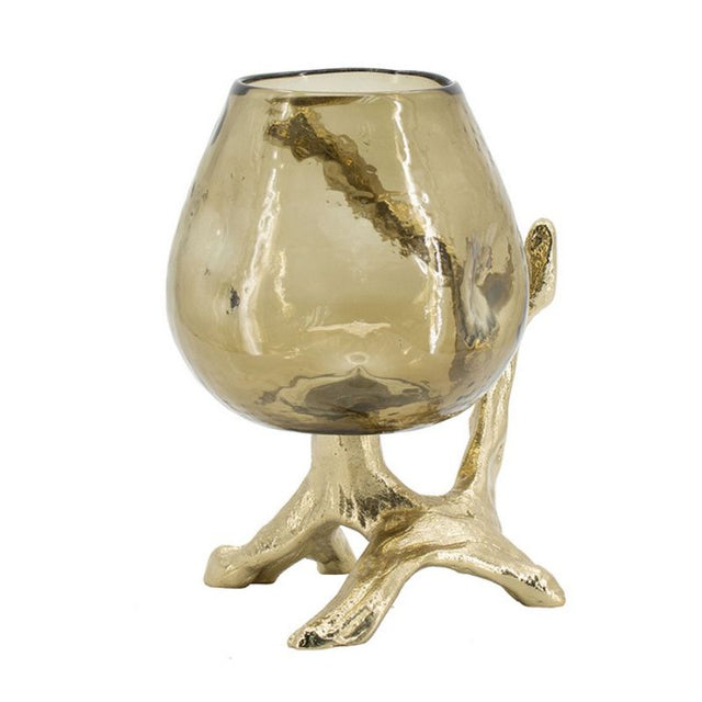 Elegant pillar candle holder with deep olive glass cup and gold-accented aluminum frame, perfect for enhancing home decor.