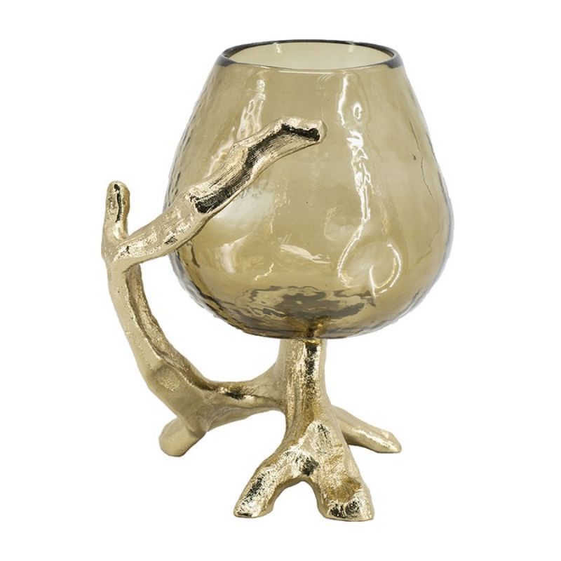 Elegant olive glass pillar candle holder with gold accents, ideal centerpiece for table decor and warm ambiance.