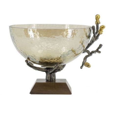 Gold-touched natural twig bowl with walnut accent and smoke glass, perfect for elegant tabletop decor.