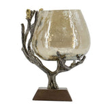 Antique nickel votive holder with gold accents, textured glass shade, and walnut base, ideal for elegant home decor.