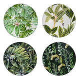 Set of four vibrant green palm-pattern charger plates, perfect for modern dining and enhancing table aesthetics.