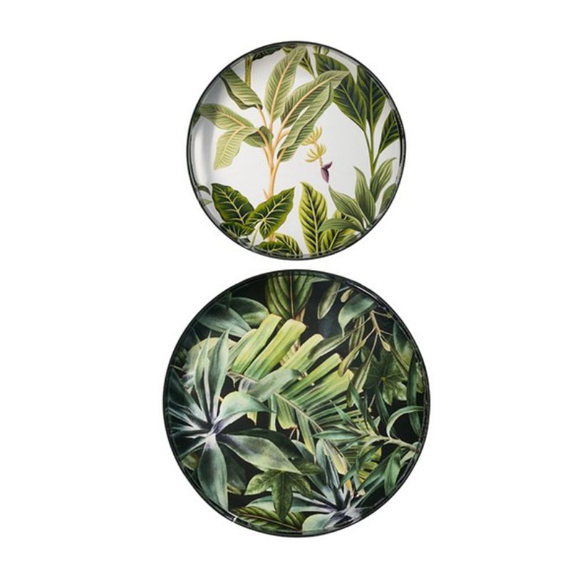 Decorative tray set of 2 with palm leaf motif, perfect for serving or as stylish accents in modern home decor.