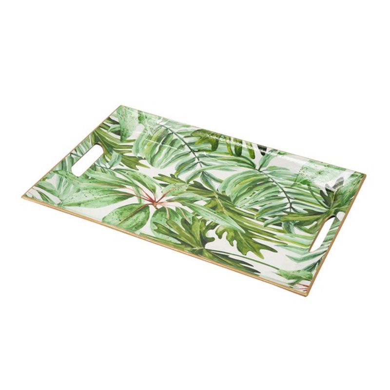 Elegant rectangular plastic charger plate with palm leaf design, perfect for enhancing any dining setup or home decor.