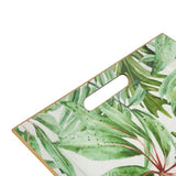 Elegant rectangular plastic charger plate with a vibrant palm leaf design, perfect for elevating any dining experience.