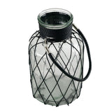 Elegant ribbed glass vase with black metallic wire wrap and leather handle, perfect for stylish floral displays.