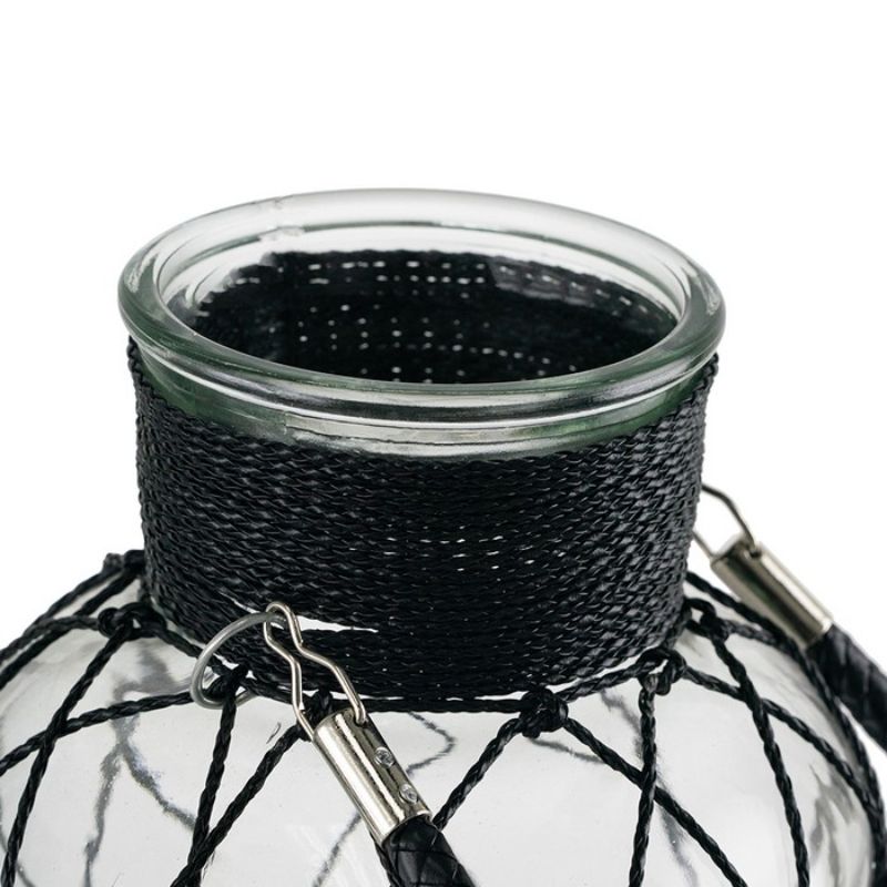 Elegant ribbed glass vase with a black metallic wire wrap and leather handle, ideal for stylish floral displays.