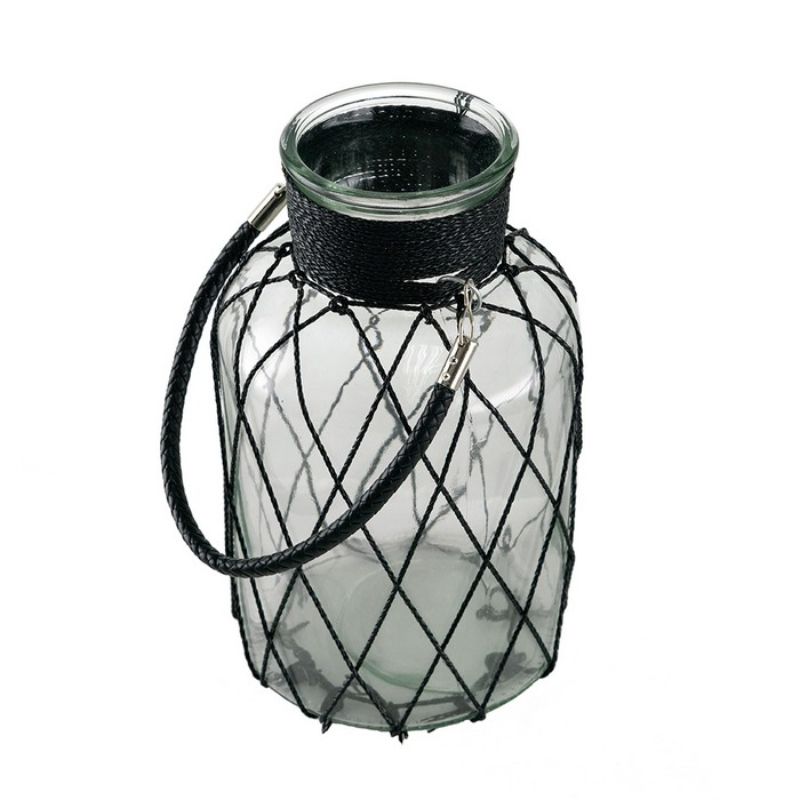 Small clear glass vase with durable leather handle, ideal for showcasing floral arrangements in any decor setting.