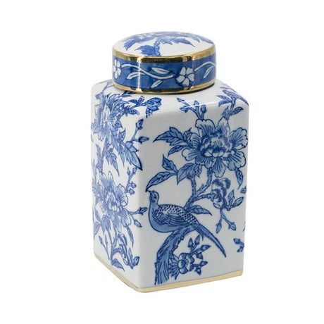 Elegant 27cm square lidded jar in blue, gold, and white Chinoiserie design, perfect for storage and decor in any room.