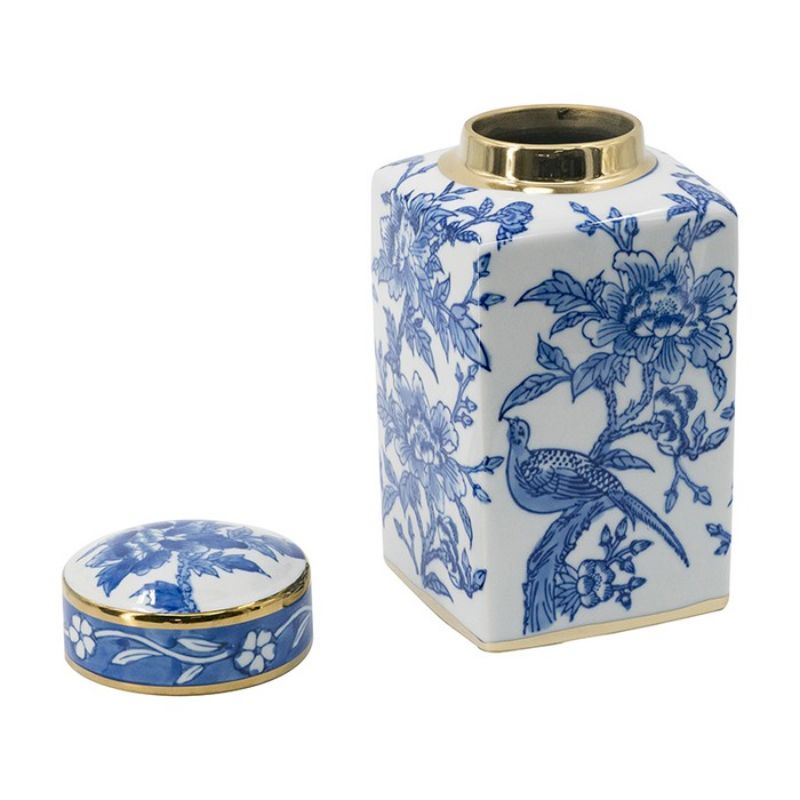 Exquisite 27cm tall lidded jar in blue, gold, and white, blending classic Chinoiserie with chic home decor elegance.