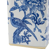 Exquisite 27cm Chinoiserie lidded jar in blue, gold, and white, perfect as a decorative accent or storage solution.