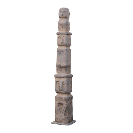 A tall, 850mm magnesium garden totem featuring ancient-inspired carvings with a stylish aged grey finish, perfect for outdoor decor.