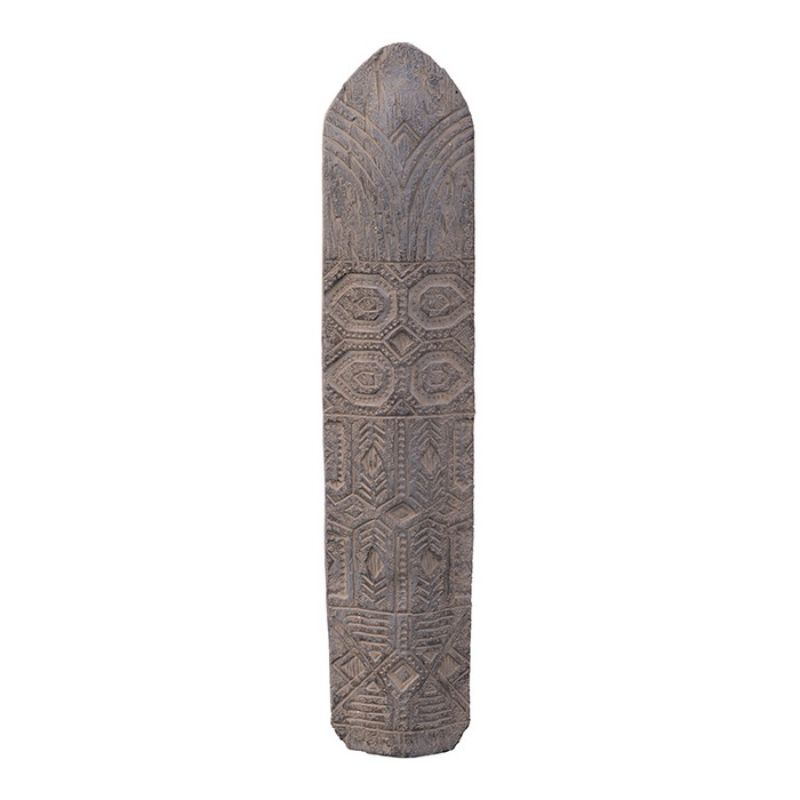 Tribe Shield Statue featuring primitive carvings in deep grey, symbolizes strength and resilience for indoor or outdoor decor.