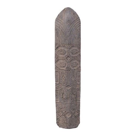 Tribe Shield Statue featuring primitive carvings in deep grey, symbolizes strength and resilience for indoor or outdoor decor.