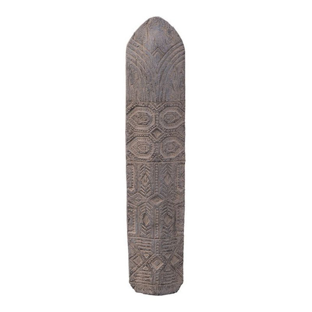 Tribe Shield Statue featuring primitive carvings in deep grey, symbolizes strength and resilience for indoor or outdoor decor.