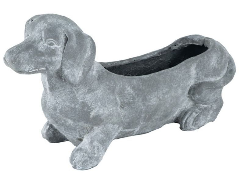 Whimsical dog-shaped planter in gray, perfect for indoor/outdoor plants and adding a playful touch to any decor.